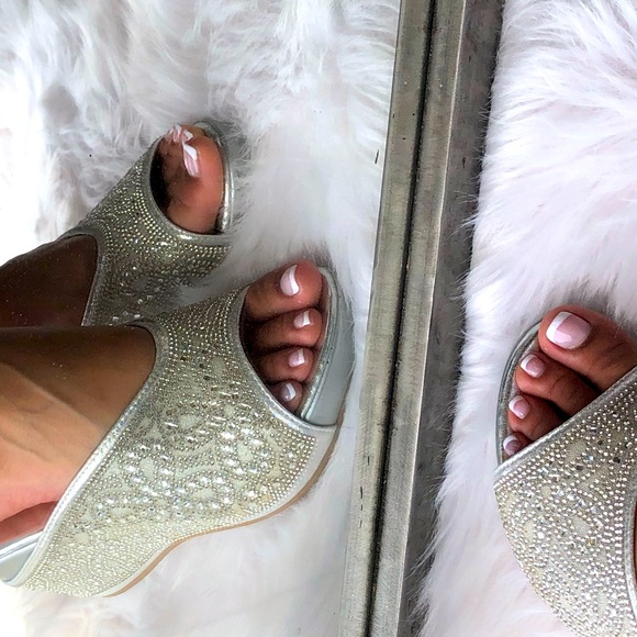 Italina Metallic Sparkly Bright Silver Rhinestone Embellished Heeled Wedge Mule - Picture 3 of 7